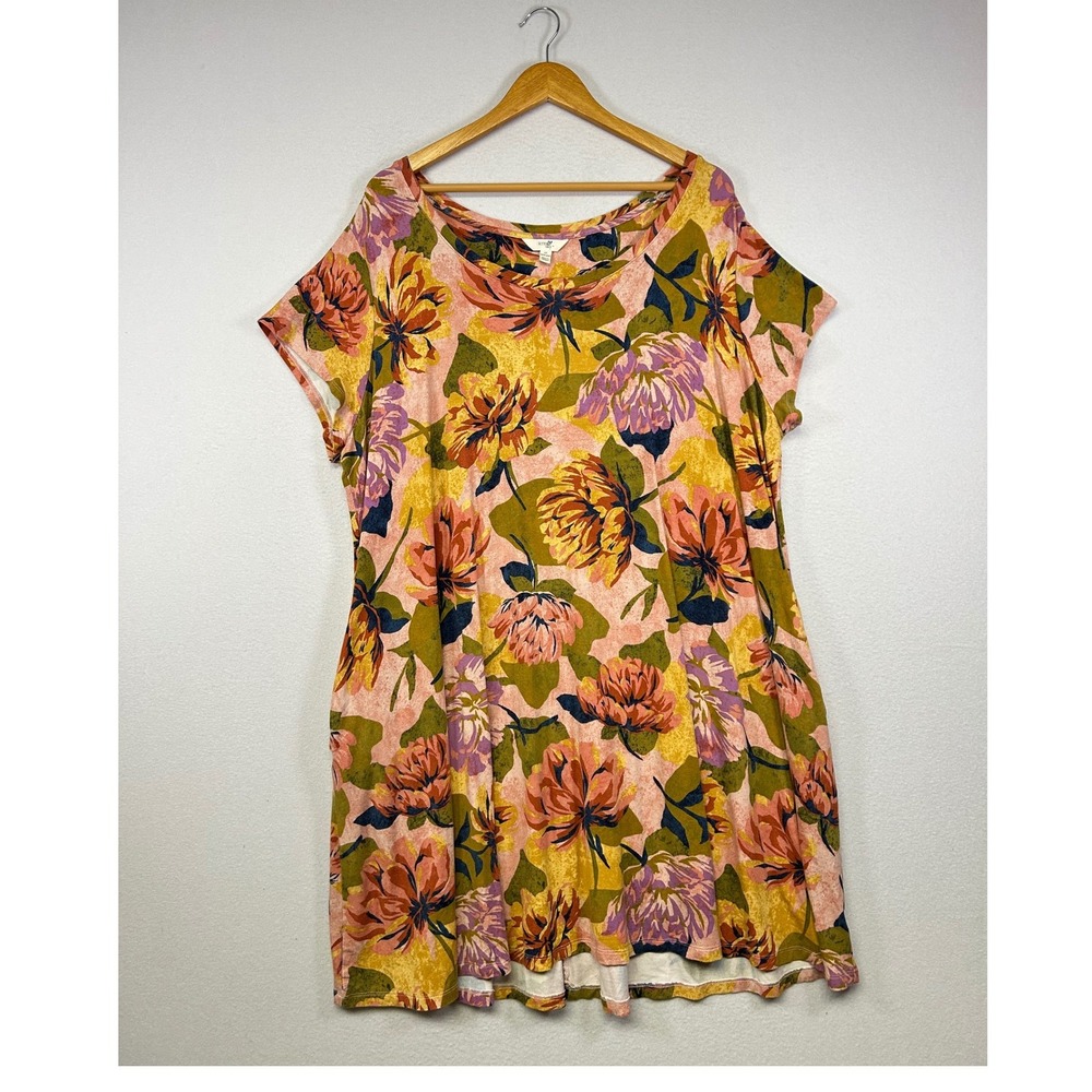 Earthy Tones Boho Floral Terra & Sky Women 1X Multicolor Pocket Shift Dress
